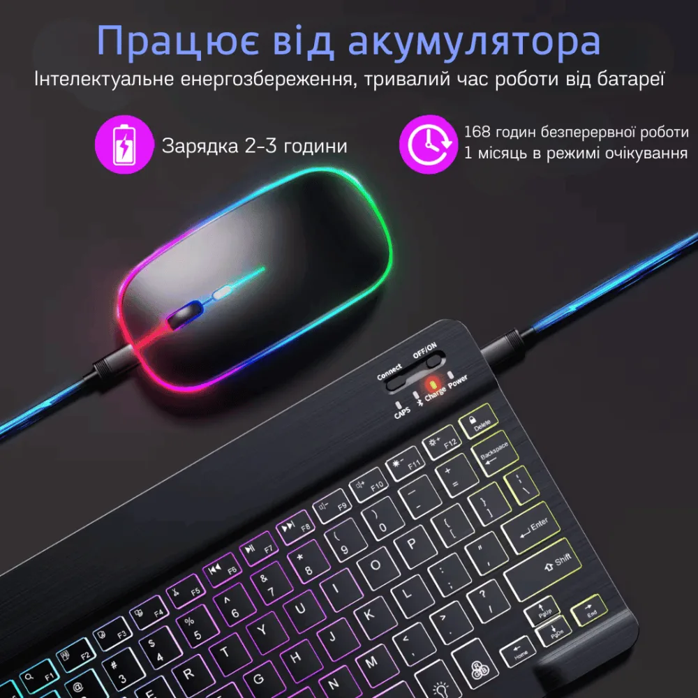 Бездротова Портативна Клавіатура і Миша Портативна Bluetooth на Акумуляторі з Підсвічуванням і Українською Розкладкою для ПК Комп'ютера Телефону Планшета Android IOS Біла — фото 4