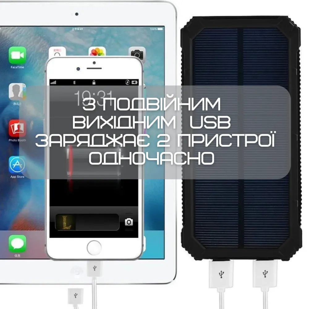 Повербанк на 30000 mAh із Сонячною Батареєю та Кріпленням Для Рюкзака Портативний Зовнішній Акумулятор 2в1 у Захищеному Корпусі + Потужний Ліхтар та LED Індикатор DEJI S30 — фото 3